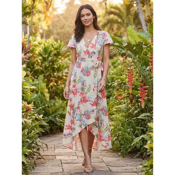 Bollie Dresses & Skirts - 💥🏷️Bollie High Low Maxi Dress L White Tropical Floral Faux Wrap Boho Resort